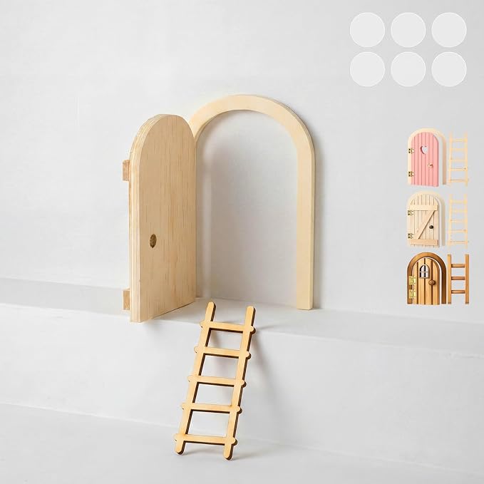 Kathfly 2 Pcs Mini Wooden Mouse Door Kit Miniature Mouse House with Ladder Fairy Door