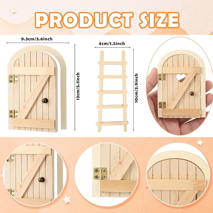 Kathfly 2 Pcs Mini Wooden Mouse Door Kit Miniature Mouse House with Ladder Fairy Door