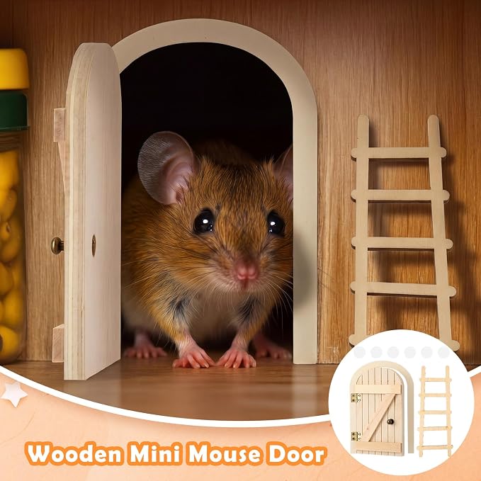 Kathfly 2 Pcs Mini Wooden Mouse Door Kit Miniature Mouse House with Ladder Fairy Door