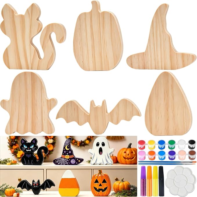 Halloween Wooden Painting Kit, 6 DIY Paintable Wood Cutouts Ornaments