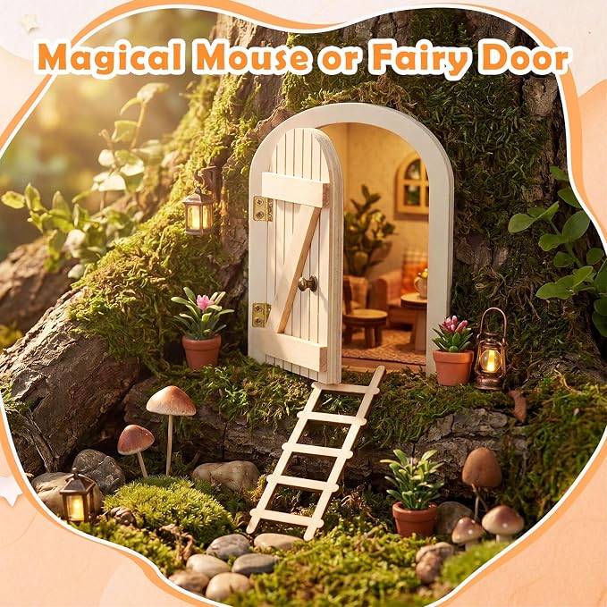 Kathfly 2 Pcs Mini Wooden Mouse Door Kit Miniature Mouse House with Ladder Fairy Door