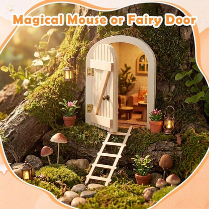 Kathfly 2 Pcs Mini Wooden Mouse Door Kit Miniature Mouse House with Ladder Fairy Door